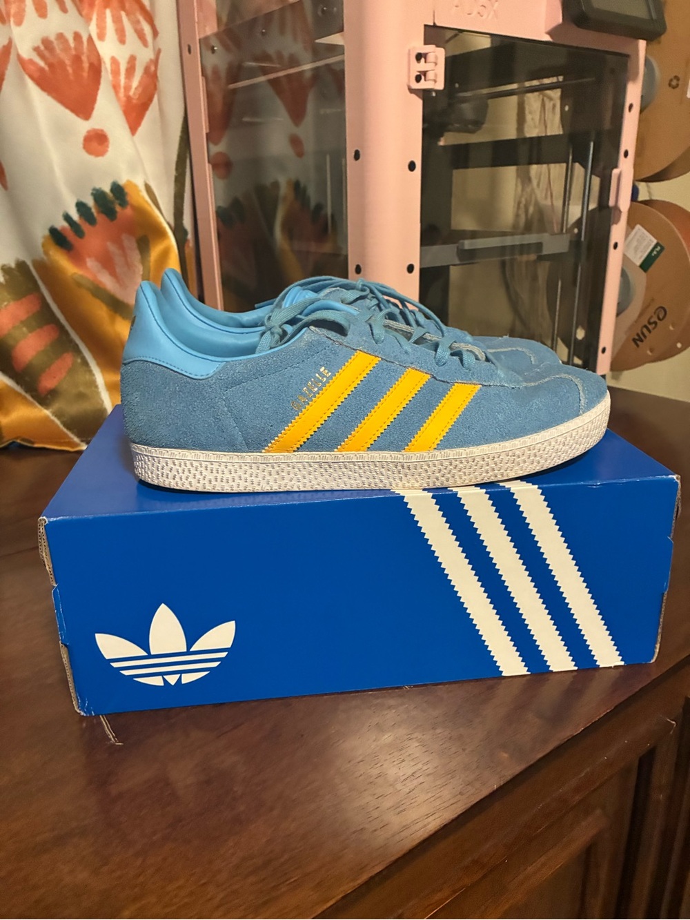 adidas Suede Sneakers in Light Blue with Yellow Stripes